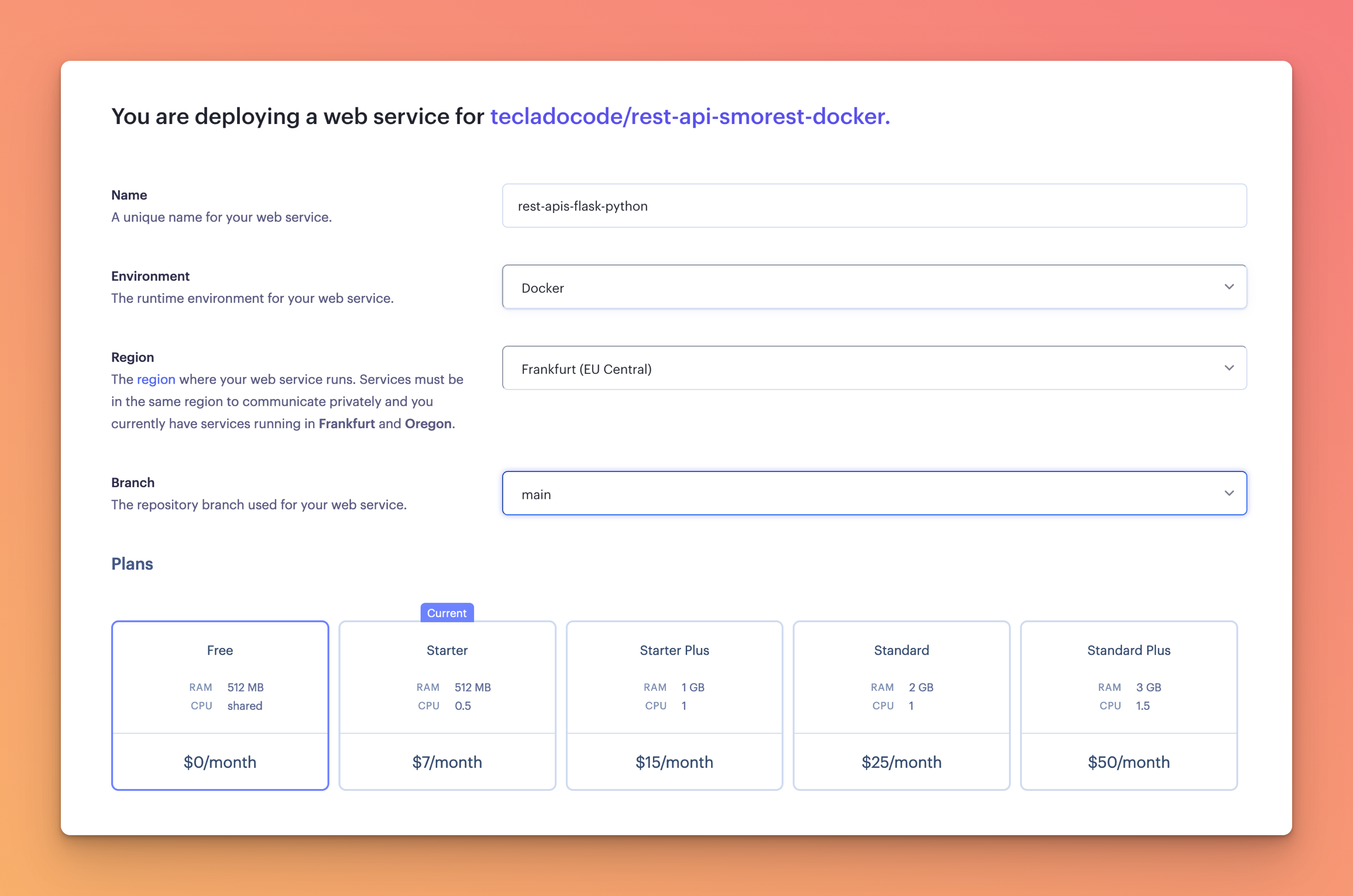 Render.com screenshot showing the web service configuration